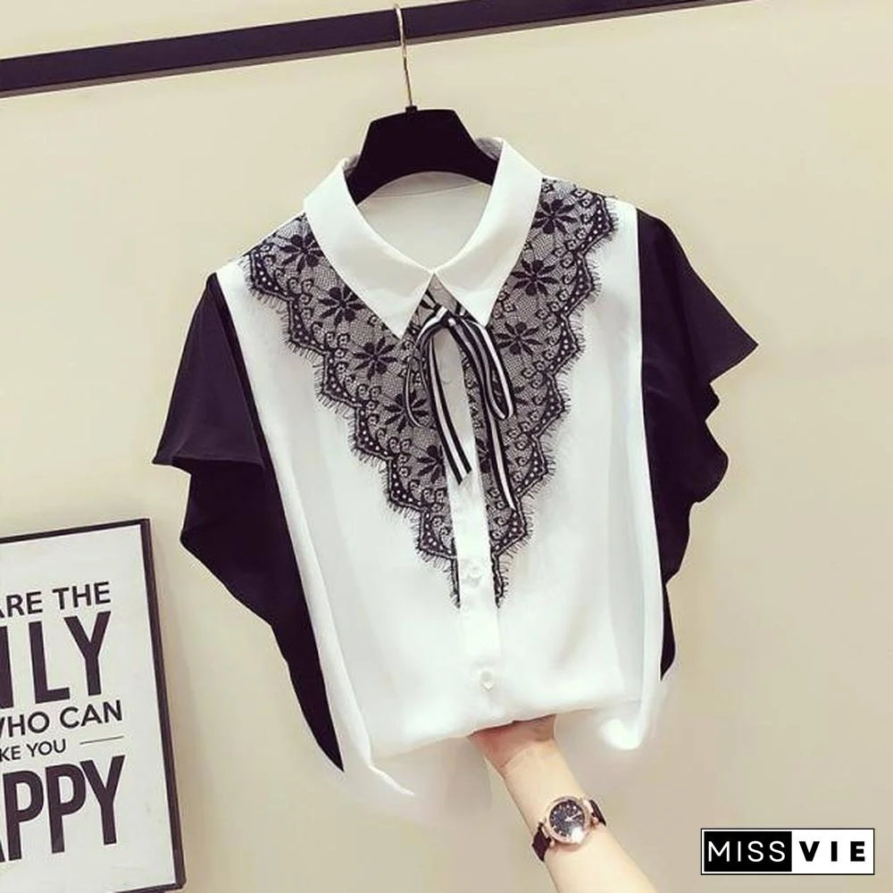 Cat Print Summer New Slim Top Vintage White Black Chiffon Shirt Women Blouses Casual Short Sleeve White Tops Blusas Mujer