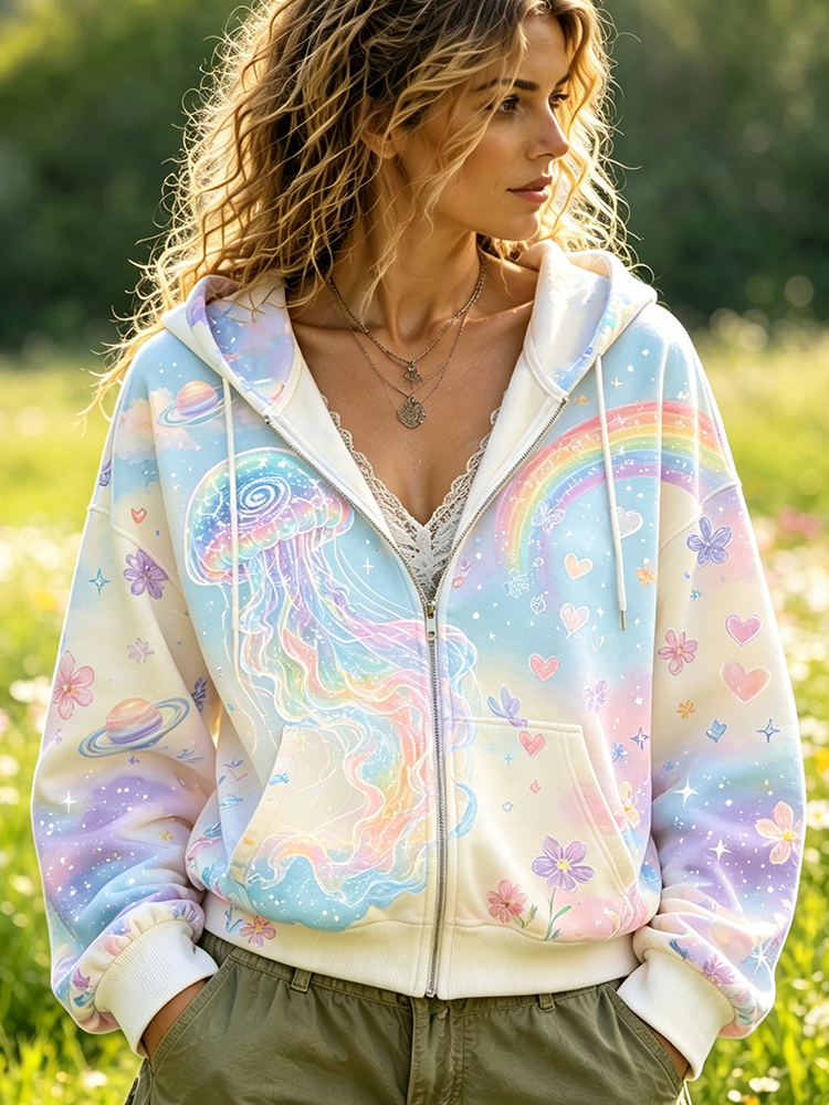 Comstylish Women's Full-zip Hooded Sweatshirt Featuring Cosmic Jellyfish, Rainbow, And Planet Graphic