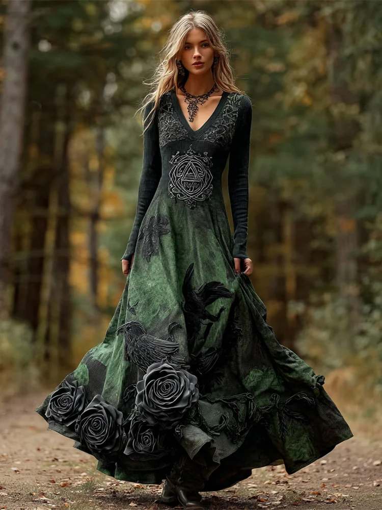 Halloween Crow & Rose Dark Art Women's V-neck Long-sleeve Maxi Dress