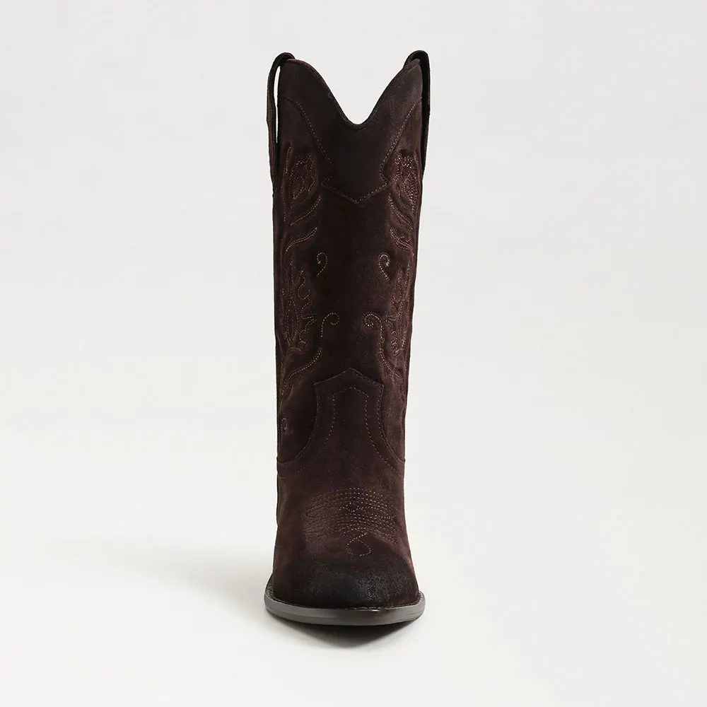 Faux Suede Mid Calf Embroidered Chocolate Brown Cowgirl Boots