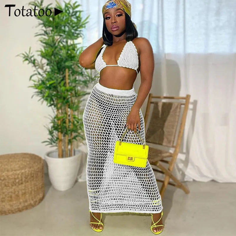 Totatoop Hollow Out Net Sexy Two Piece Set Women 2022 Backless Bandage Strap Halter Crop Top+Long Skirts Beach Outfit Dress 515