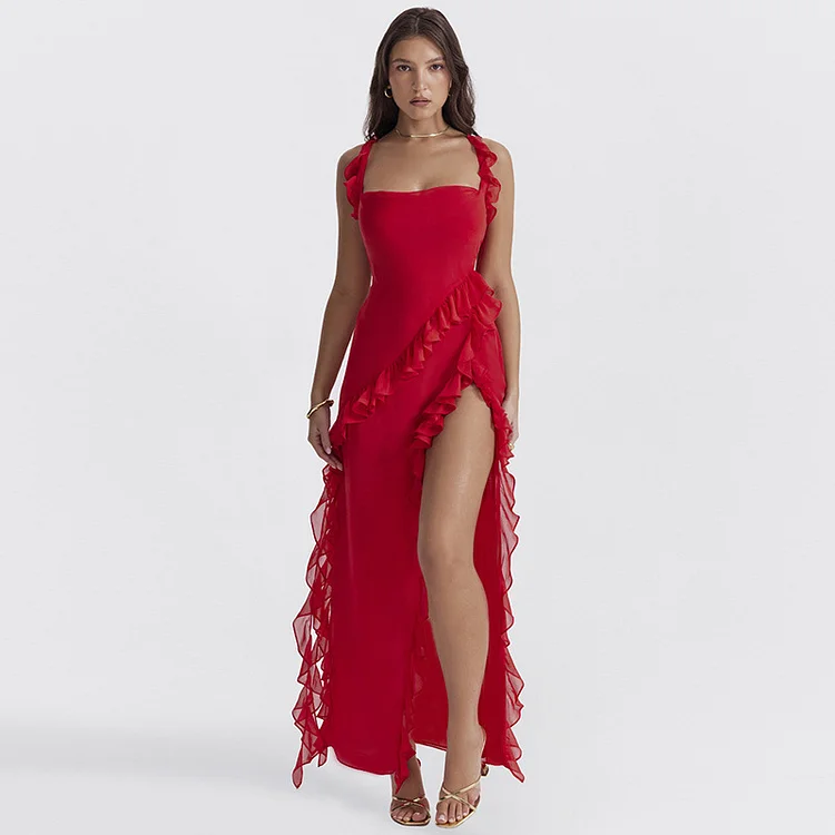 Ruffle Thigh High Split Backless Suspender Dresses