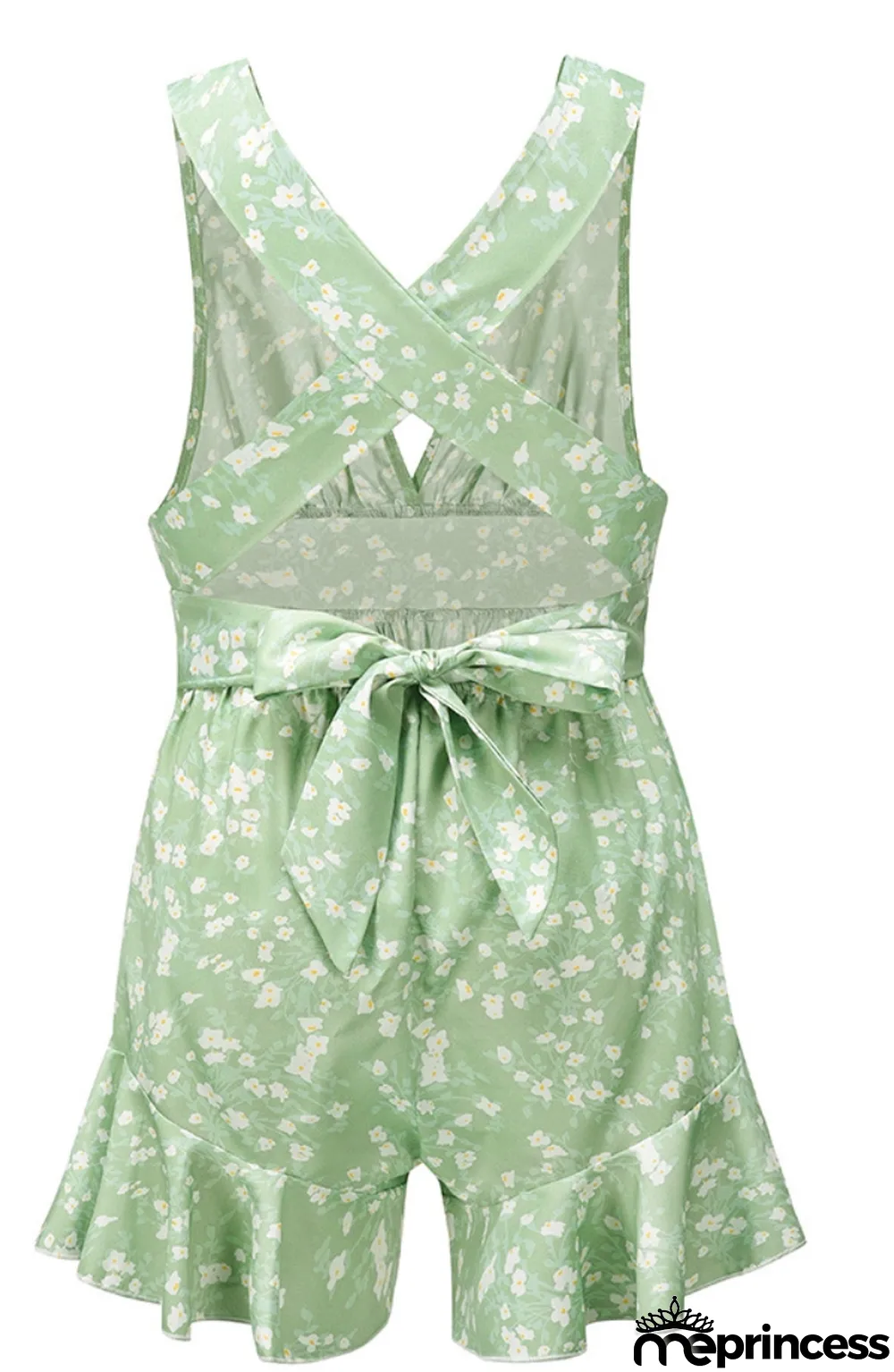 Summer Casual Floral Green Deep-V Sleeveless Ruffles Rompers