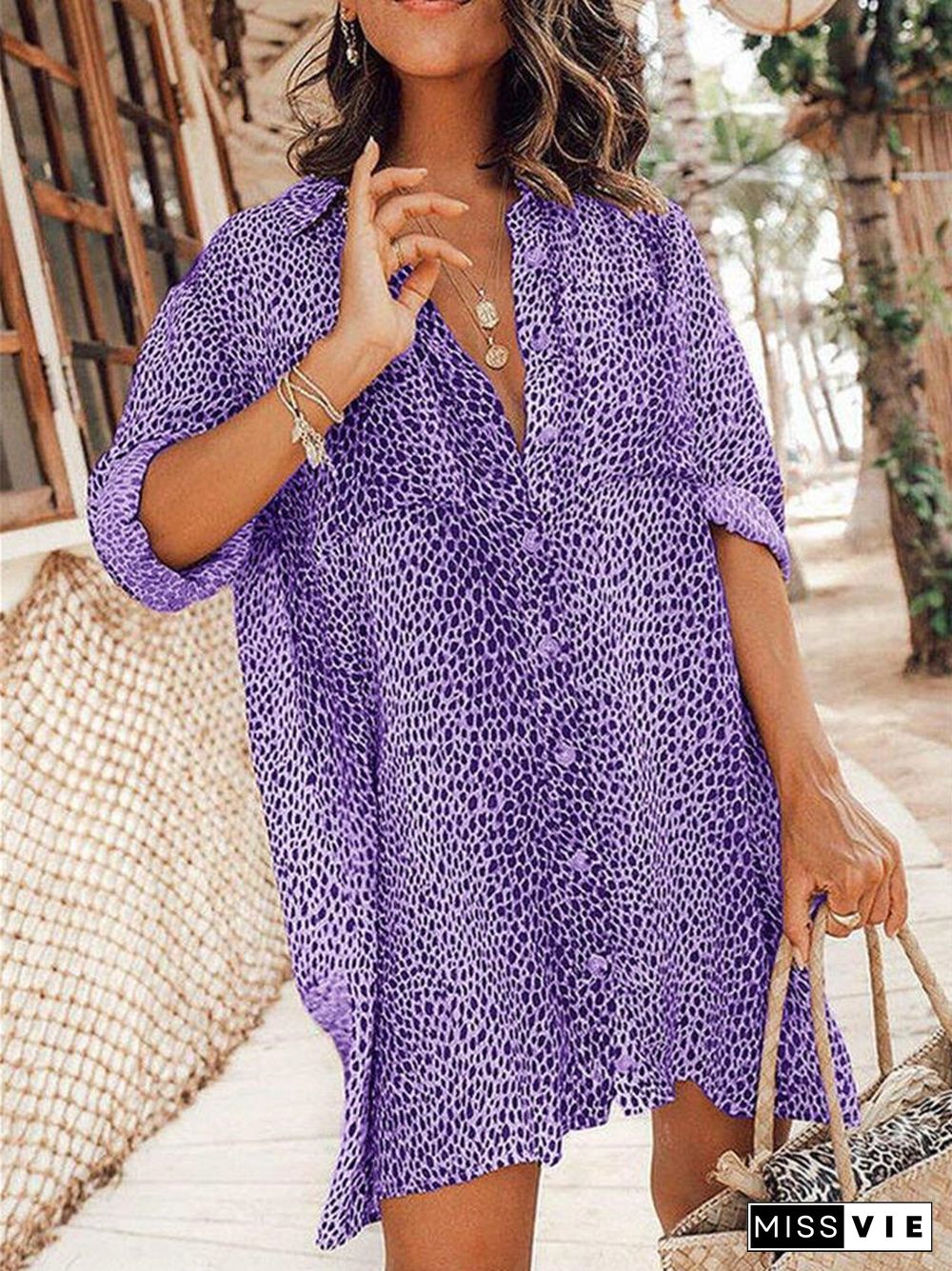 Women Long Sleeve Lapel Leopard Print Shirt Dress