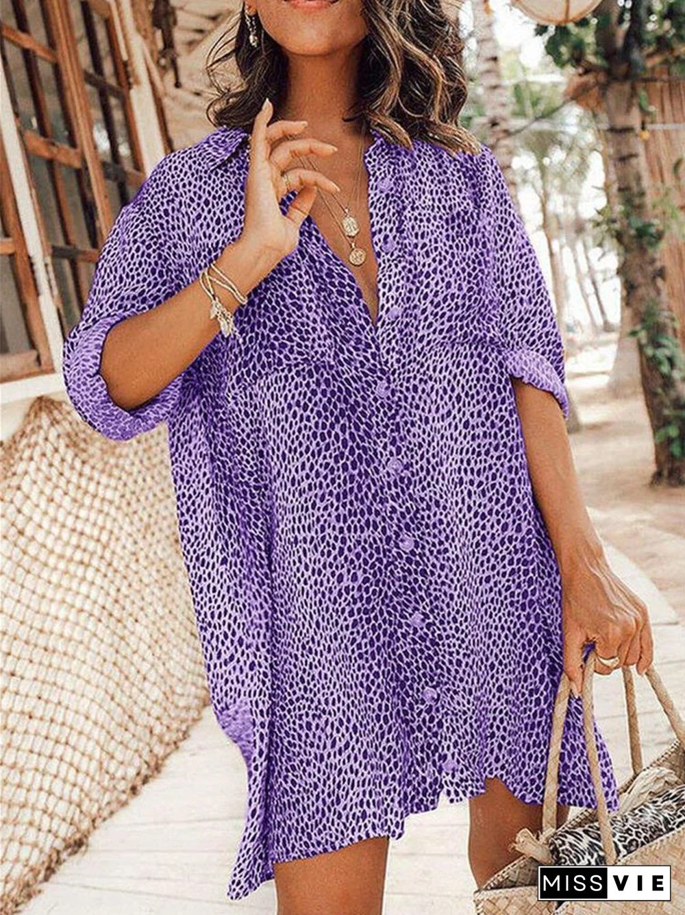 Women Long Sleeve Lapel Leopard Print Shirt Dress