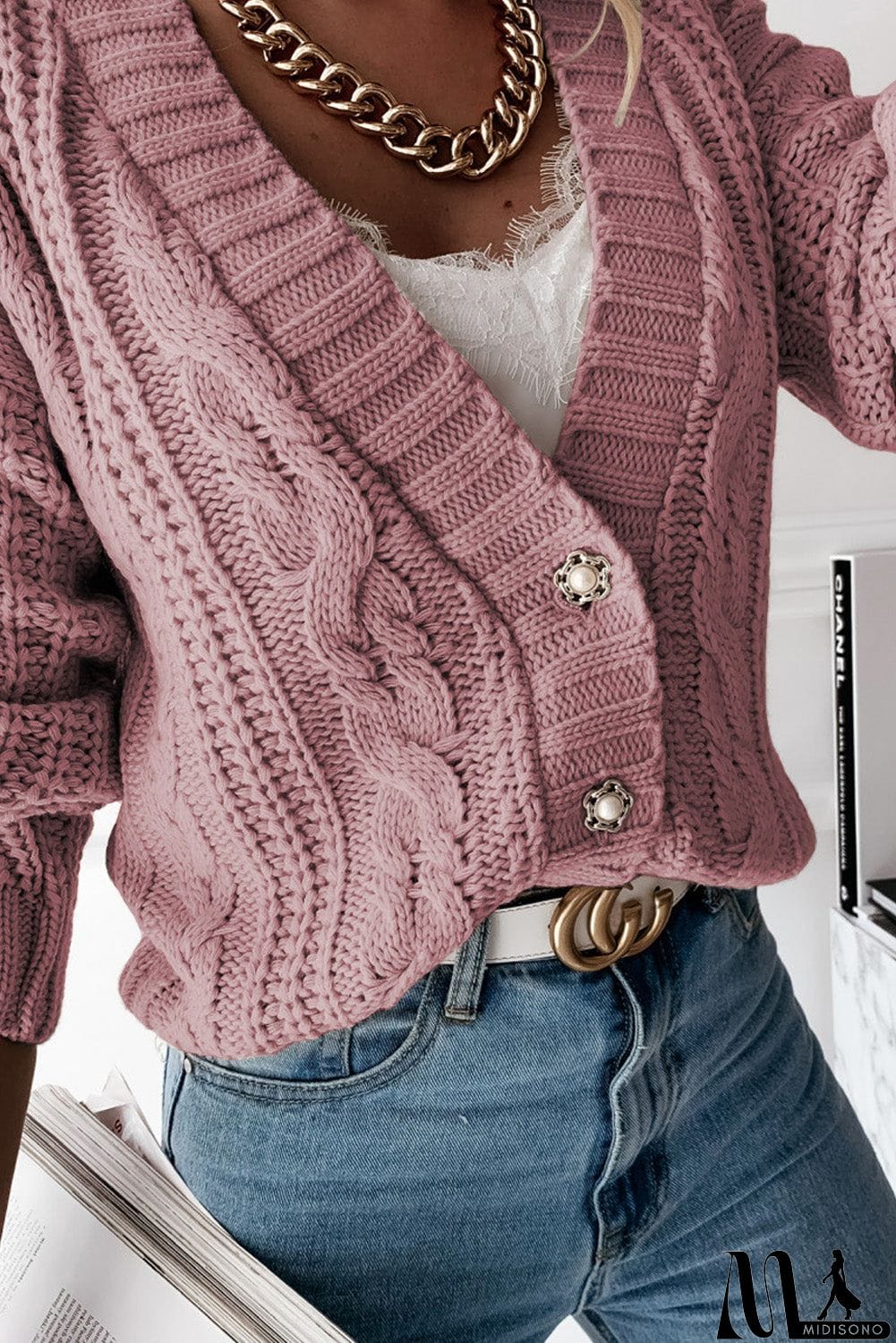 MidiSono - Buttons Weave Knit Cardigan