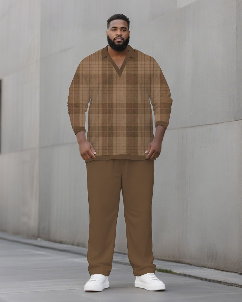 Big & Tall Men's Brown Plaid Print POLO V-Neck Long Sleeve Pants Two-Piece Set