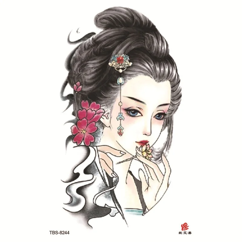 Sdrawing Temporary Tattoo Sticker Dark Snake Tattoos Flower Tatoos Body Art Geisha Water Transfer Clavicle Arm Fake Tatto
