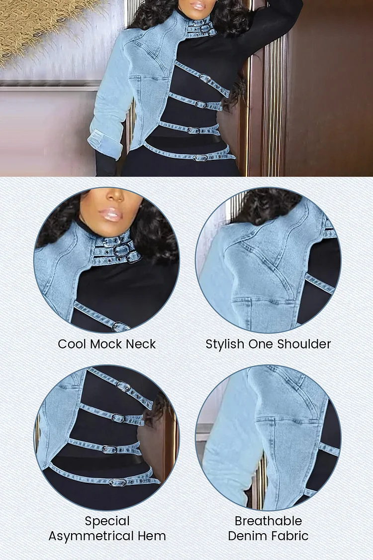 Plus Size Outerwear Jacket Daily Blue Mock Neck Asymmetrical Irregular Hem  Denim One Shoulder Short Design