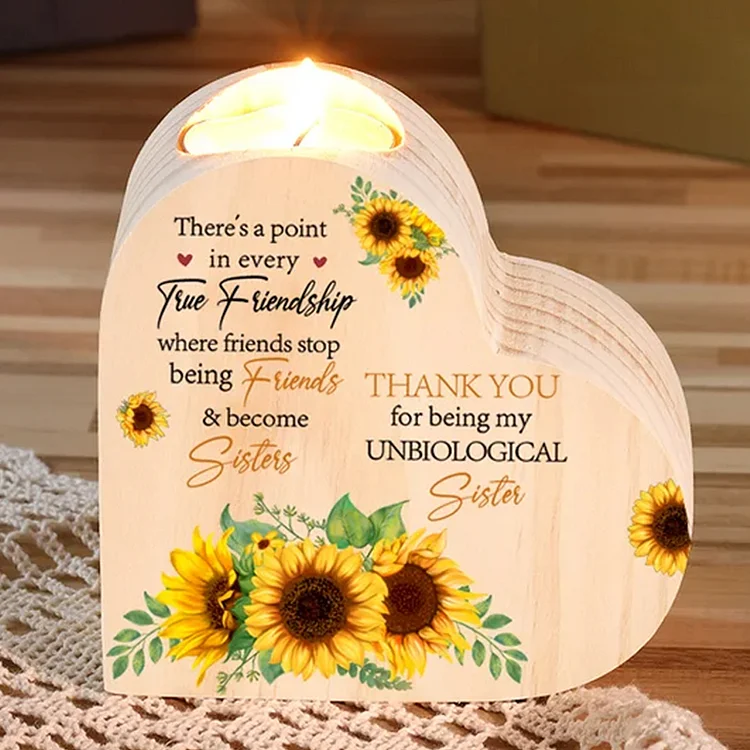 To My Bestie Heart Candle Holder "Thank You for Being My Unbiological Sister" Sunflower Wooden Candlestick Gifts For Friend