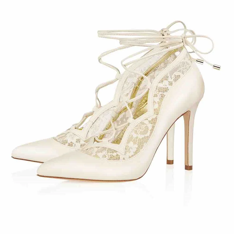 Ivory Lace Up Bridal Heels Lace Stiletto Heel Pumps |FSJ Shoes