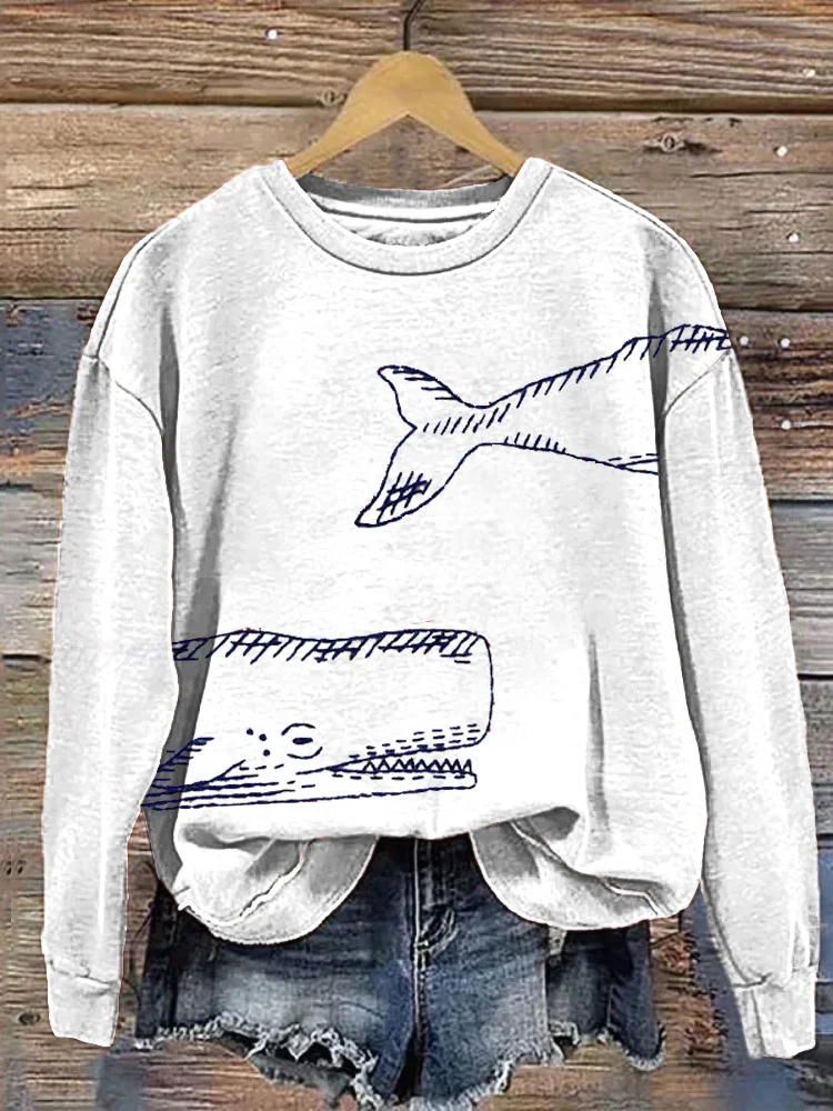 Shark Embroidery Art Print Casual Cozy Sweatshirt