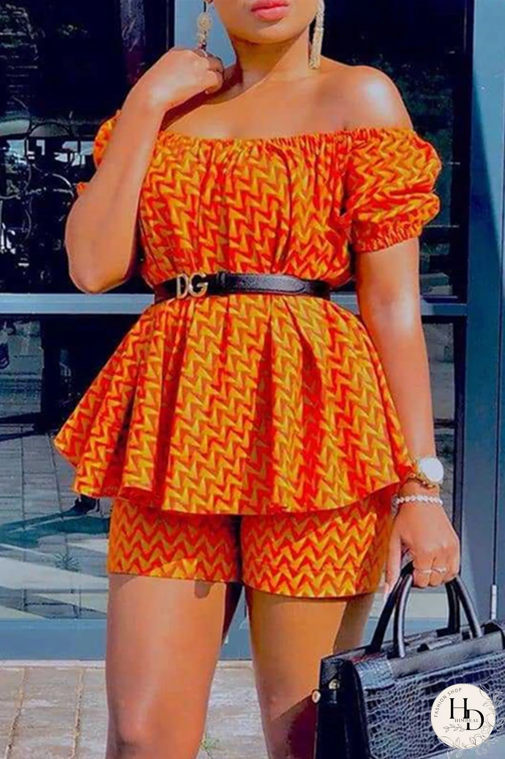 Orange Fashion Casual Print Without Belt Spaghetti Strap Short Sleeve Two Pieces