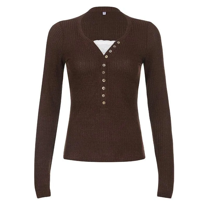 Brownm Grunge Button Front Top