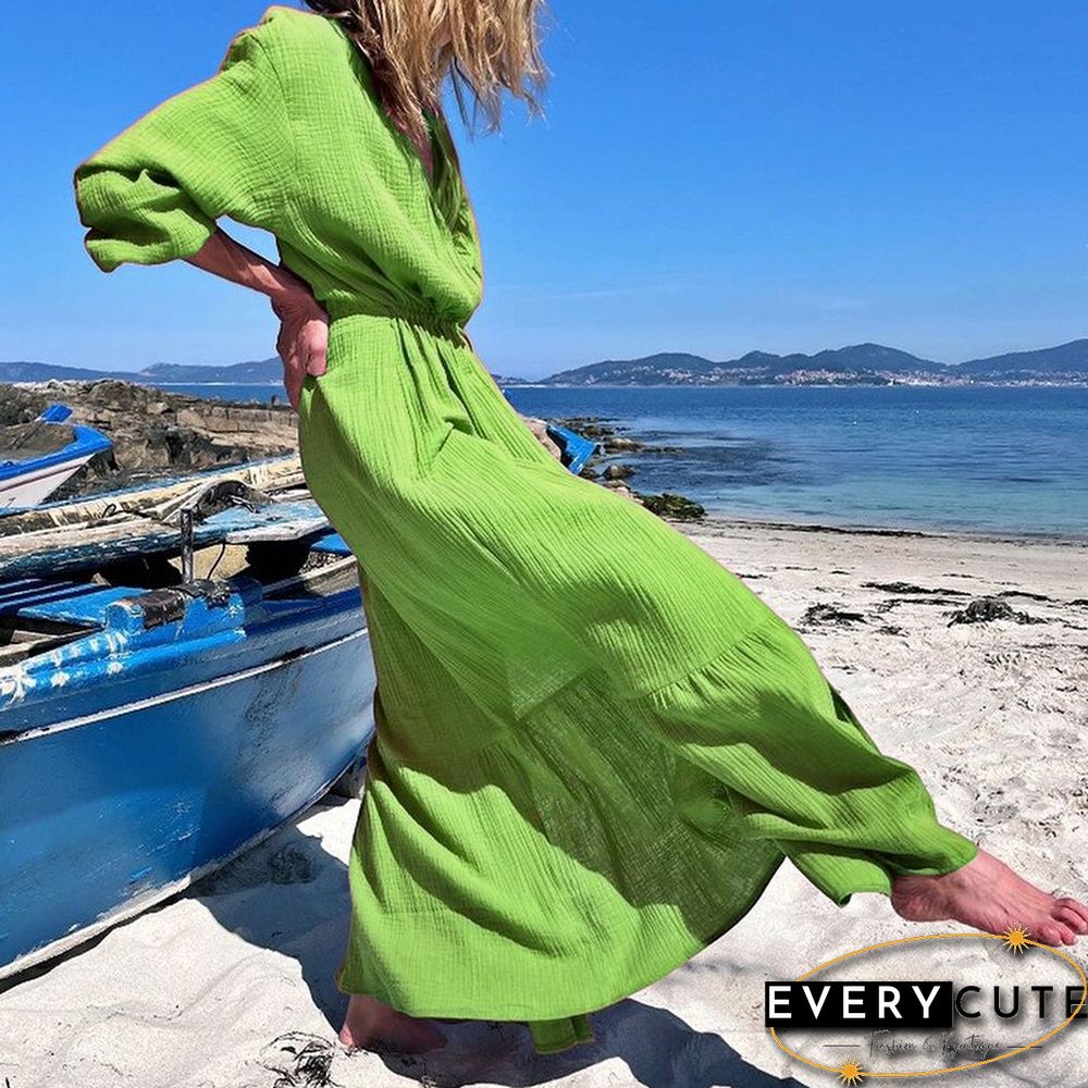 Elegant Casual Solid A-Line Maxi Dress Women Fashion Long Sleeve Drawstring Waist Dress Autumn V-Neck Soft Draped Beach Dresses