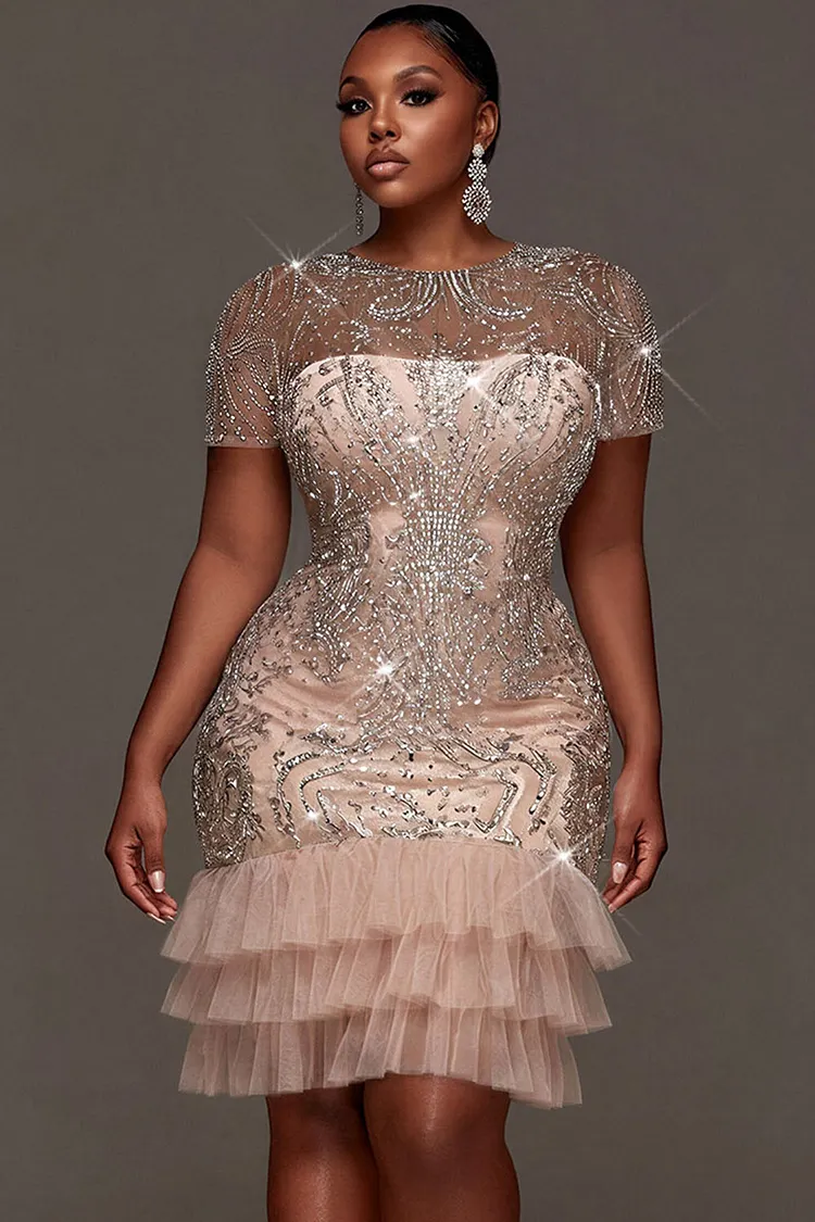 Xpluswear Design Plus Size Party Elegant Tulle Pink Round Neck Short Sleeve Ruffle See Through Sequin Mini Dresses [Pre-Order] 2024 - Xpluswear
