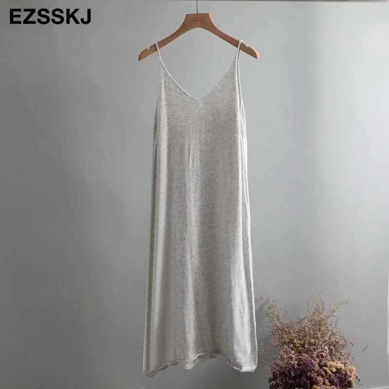 Ezsskj Spring summer 2020 Woman Knitted Tank Dress Casual Long Camisole Vest dress Women Loose  cashmere maix a-line dress