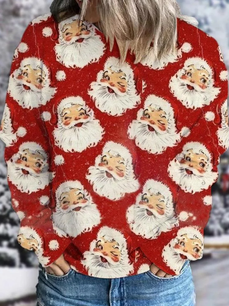 Women's Santa Claus Printed Long Sleeve Round Neck Sweatershirt