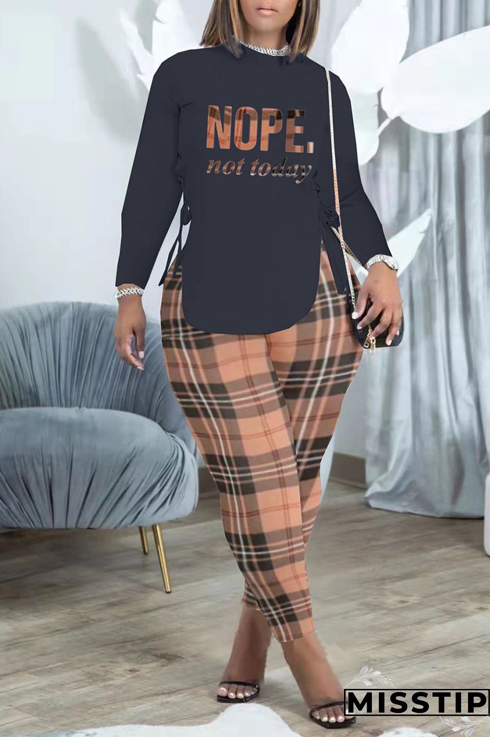 Brown Fashion Casual Print Bandage Patchwork O Neck Long Sleeve Two Pieces