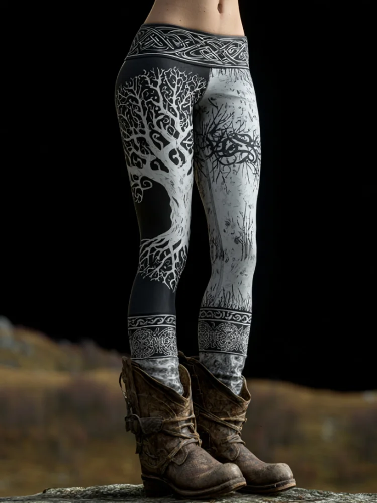 Vintage Viking Tree Of Life Black And White Leggings