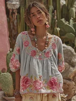 Women's Vintage Floral Art Embroidery Linen T-shirt - Image 6