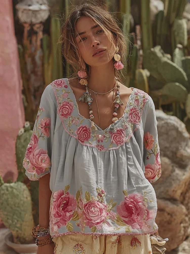 Simpfit Damen Vintage Floral Art Drucken Nachahmung aus Baumwolle und Leinen T-Shirt