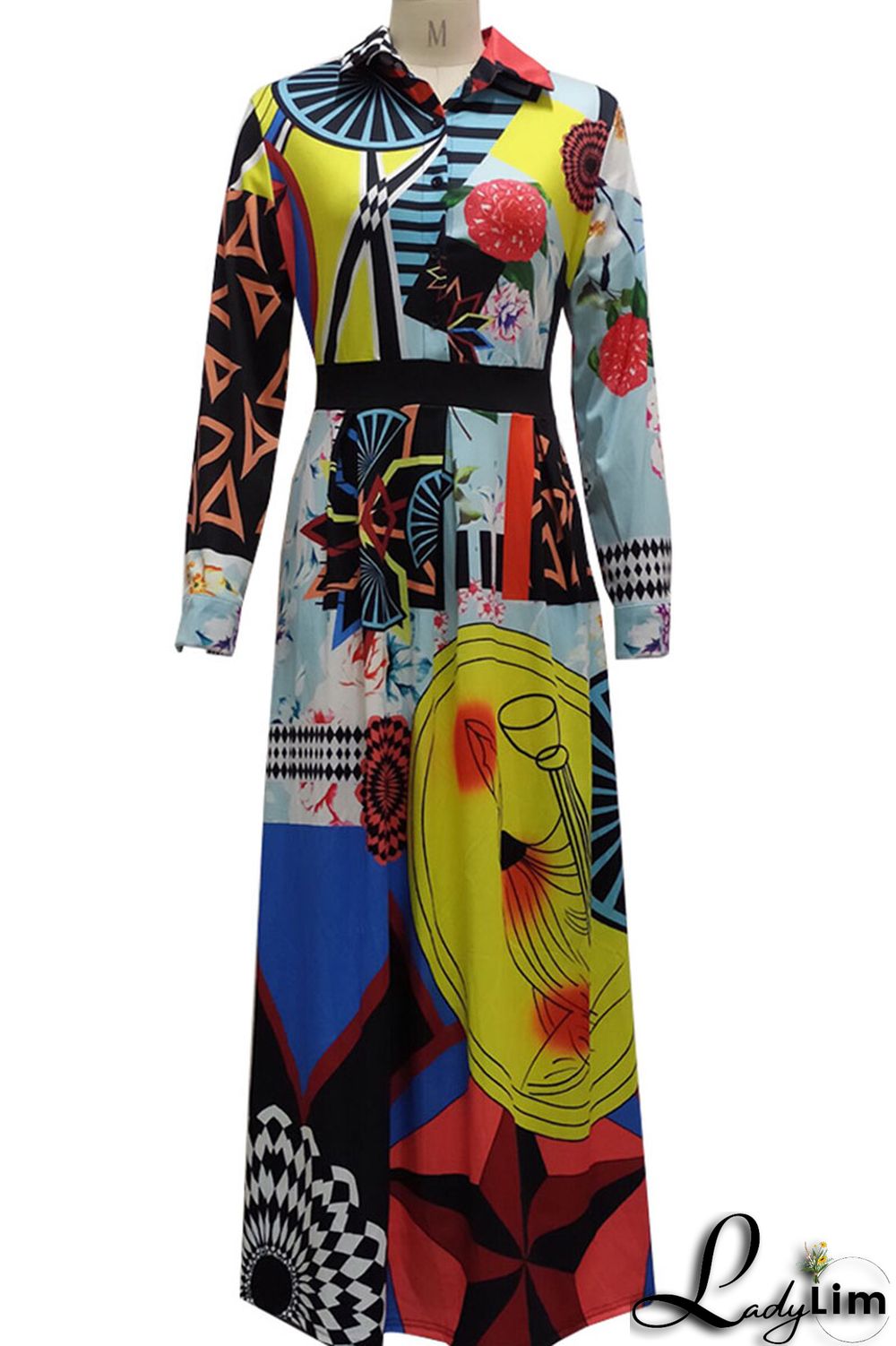 Colour Casual Print Patchwork Buckle Turndown Collar Dresses