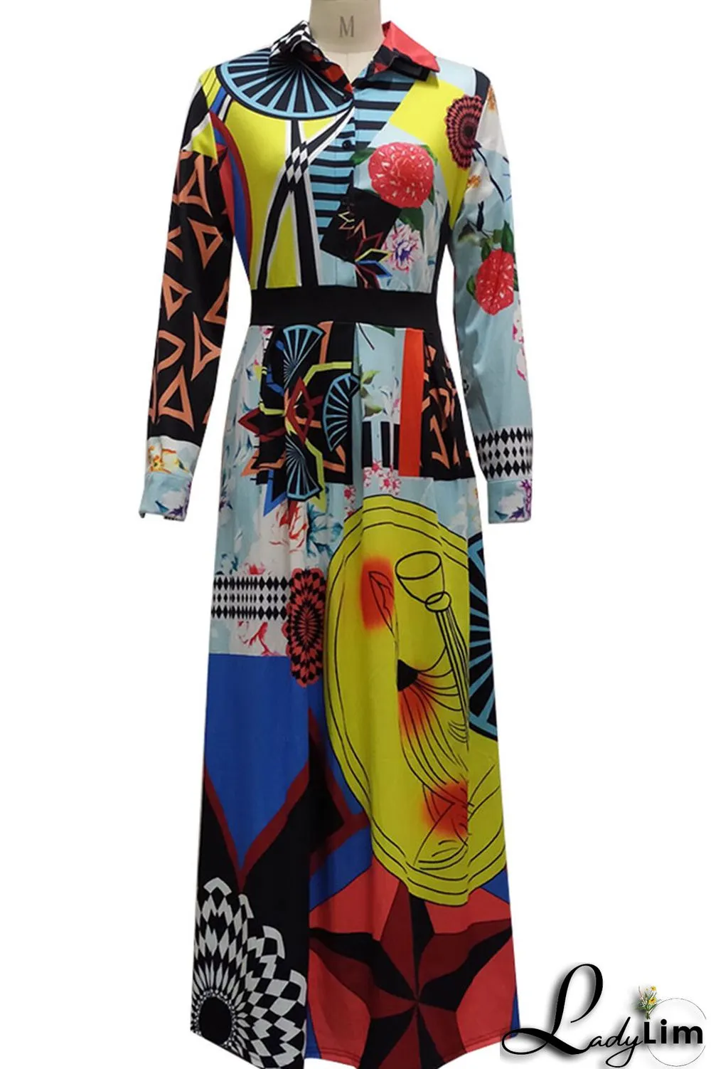 Colour Casual Print Patchwork Buckle Turndown Collar Dresses
