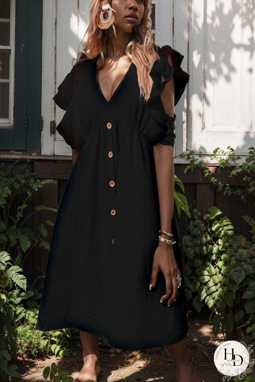 v neck button up all match fashion mini dress