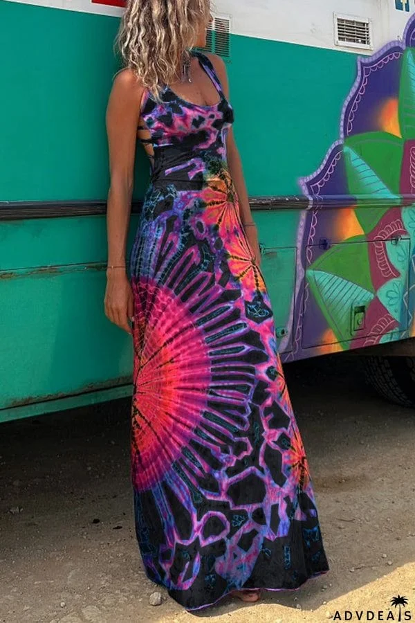 La Bamba Tie-dye Print Back Lace-up Stretch Maxi Dress