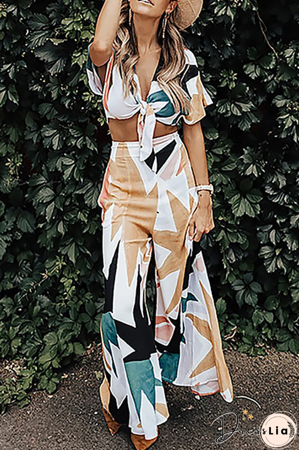 Fashion Casual Print Split Joint Strap Design V Neck Short Sleeve Two Pieces