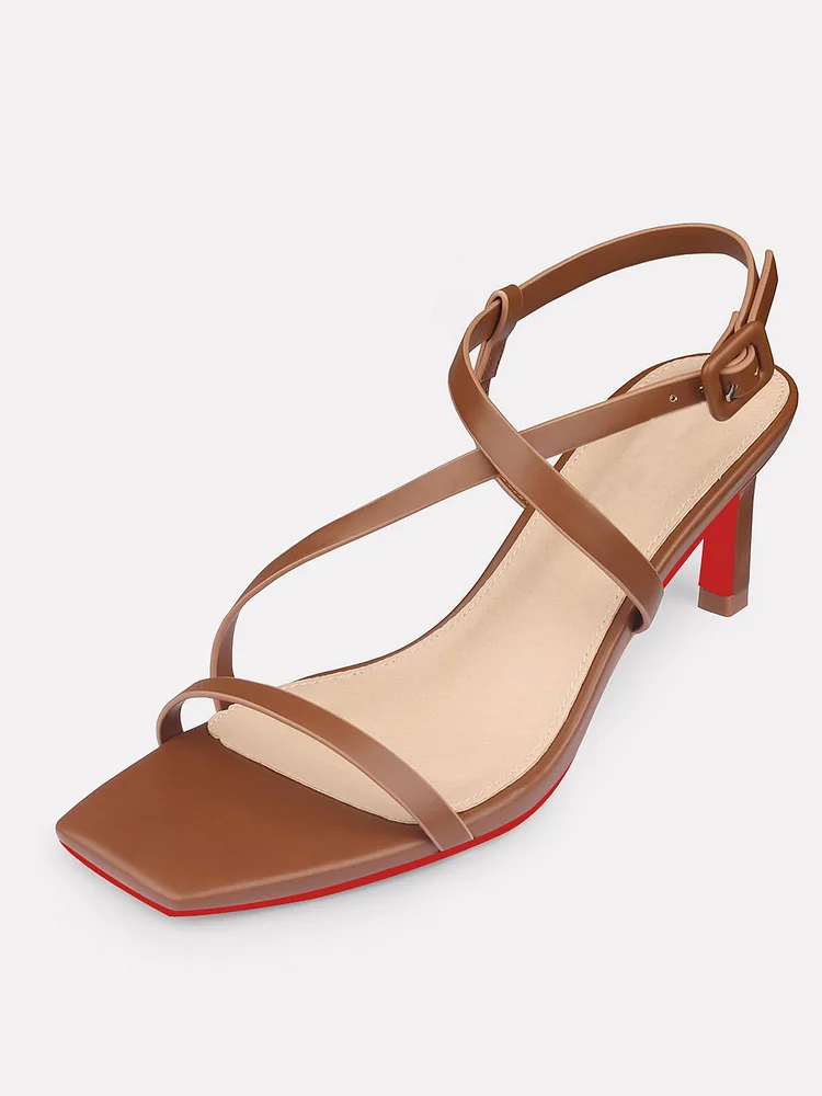 65mm Women's Square Open Toe  Sandals Matte Red Bottom  Kitten Low Strappy Heels Ankle Strap Low Heel Shoes