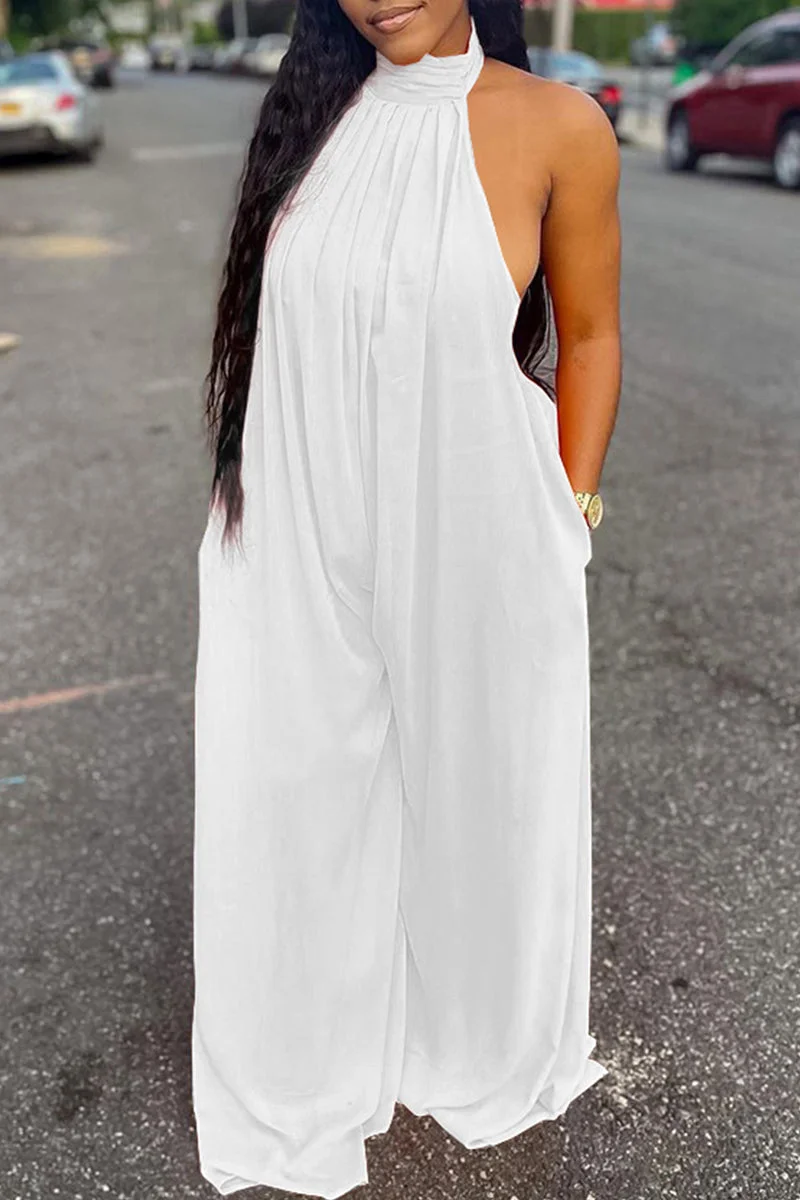 Sexy Casual Solid Backless Turtleneck Regular Jumpsuits