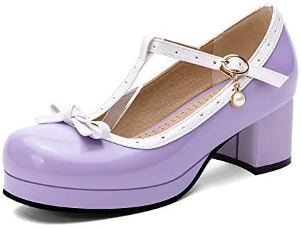  Women Sweet Patent Leather Chunky Heel Lolita Shoes Buckle Strap Bow Mary Jane T Strap Round Toe Pumps Novameme