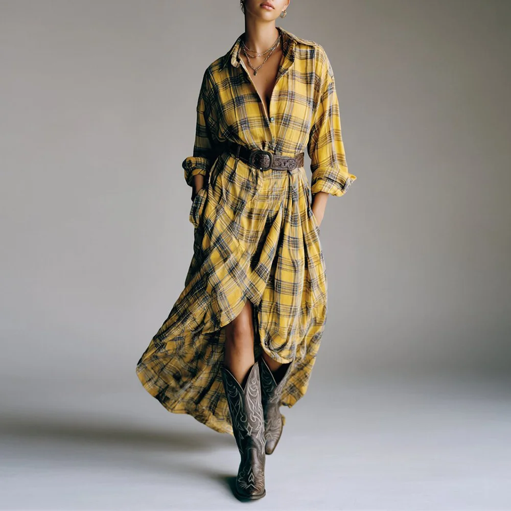 Athvotar Athvotar Long-Sleeved Plaid Shirt Dress 2025 Spring And Autumn New Fashion Loose Casual Dress Belt