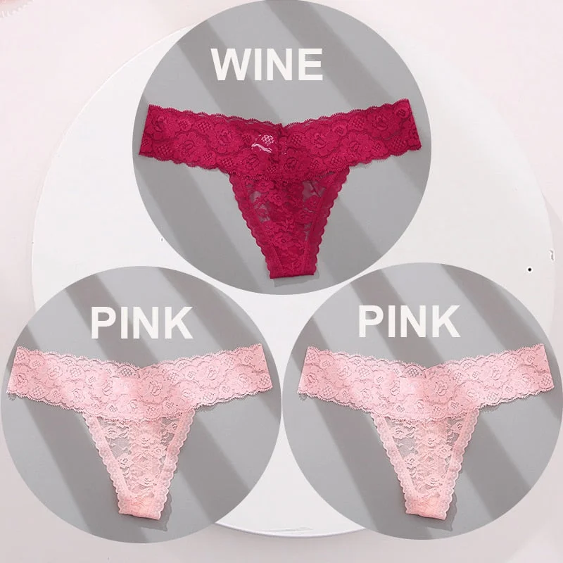 FINETOO 3PCS/Set M-XL G-string Thong Panties for Woman Sexy Lace Floral Underwear Transparent Women's Underpants Female Lingerie
