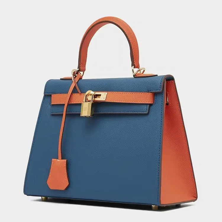Color-block genuine leather handbag; printed cowhide shoulder and crossbody bag. vocosi VOCOSI