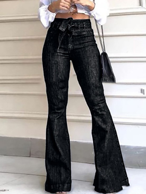 Tied Waist Solid Color Loose High Waisted Jean Pants Bottoms BLACK-L