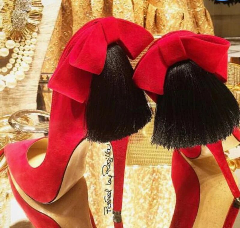 VCSHOES Back Fringe Bowtie Women Stiletto Pumps Suede Leather Ladies Point Toe High Heels Party Shoes Wedding Shoes