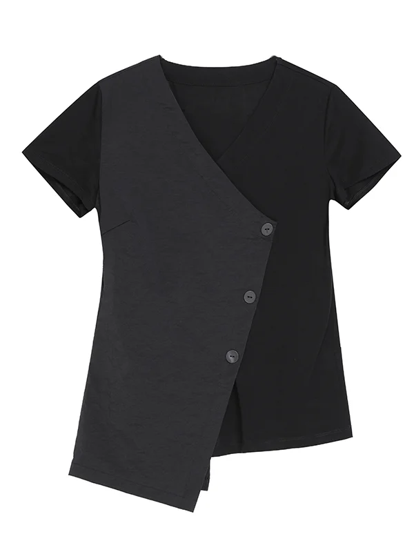 Asymmetric Splicing V-Neck Short Sleeve T-Shirts