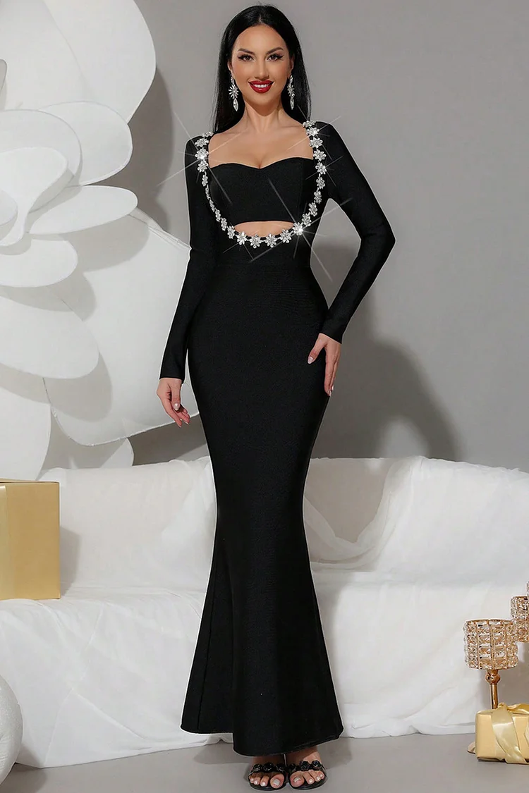 Rhinestone Embellished Bandeau Long Mermaid Maxi Dress-Black