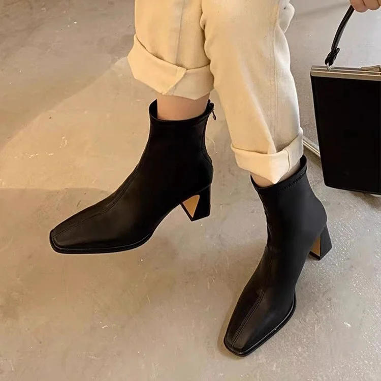 Yyvonne Brown Short Boots Women High And Thick Zipper Square Head 2025 New Winter Korean Version Of Thin Skinny Boots