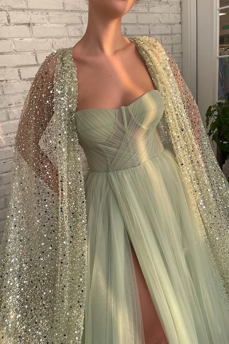 Hellodresses Light Green Sweetheart Tulle Split Prom Dress With Sage Sparkly Sequins Cape