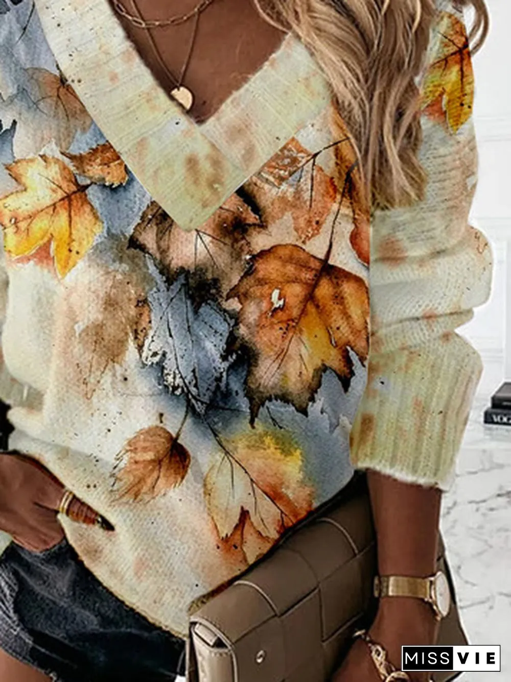 V Neck Casual Leaf Printed Wool/Knitting Plus Size Sweater