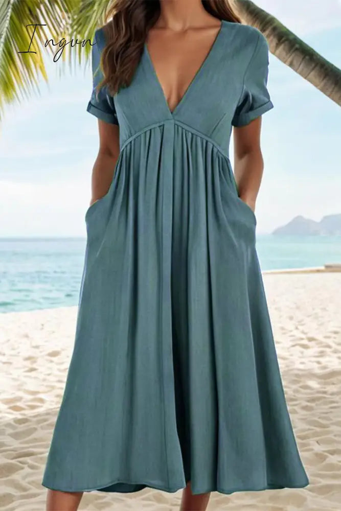 Ingvn - Casual Solid Pocket Fold V Neck A Line Dresses Green / S Dresses/Casual
