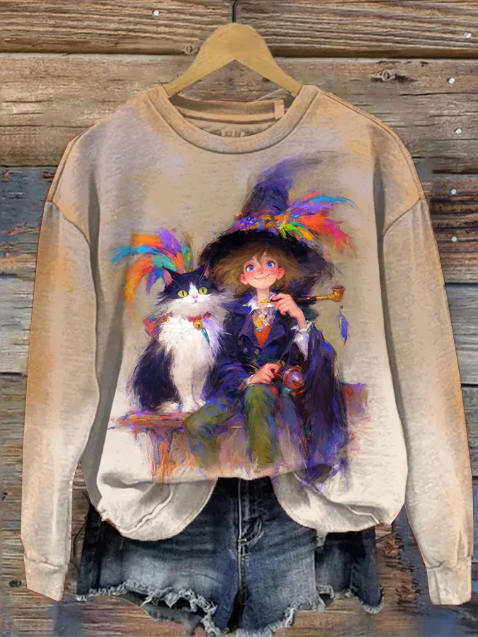 Women's Magic Girl And Cat Art Print Casual Sweatshirt