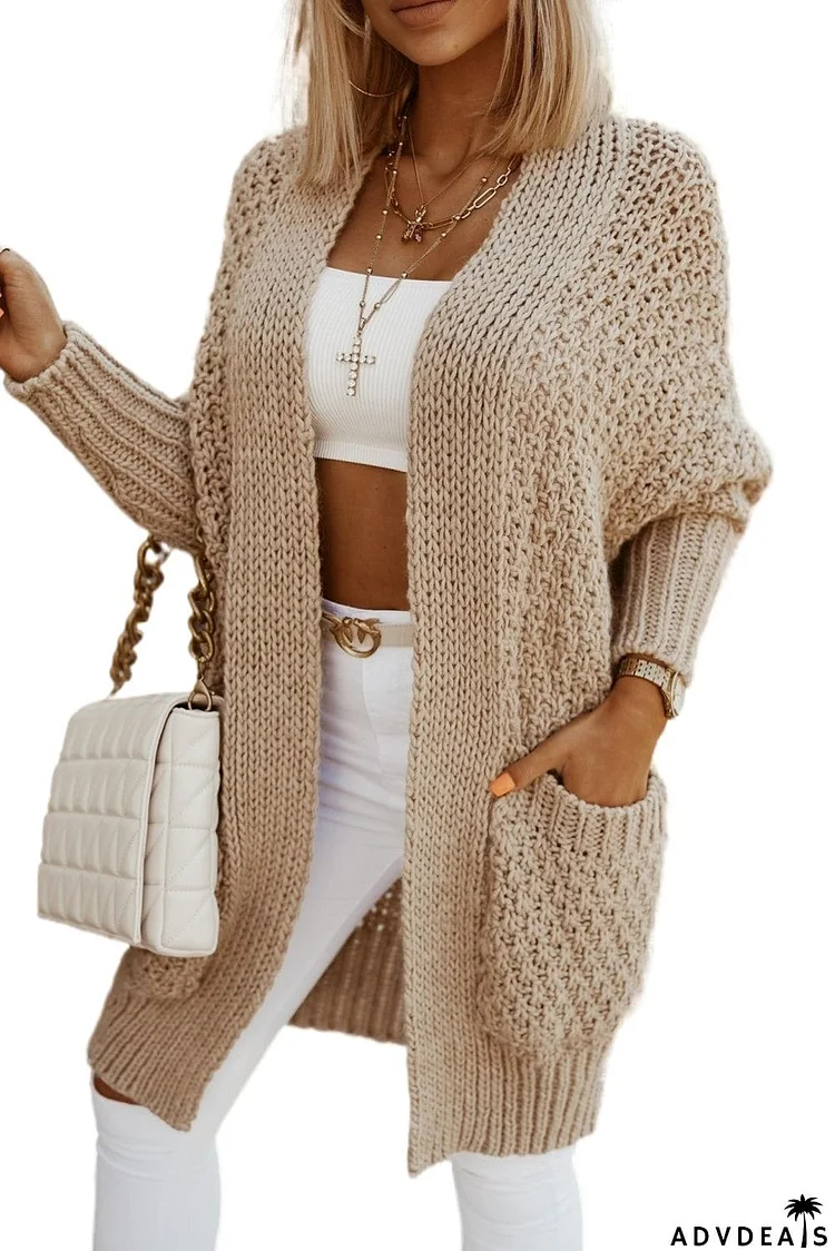 Khaki Open Front Pocket Casual Knitted Sweater
