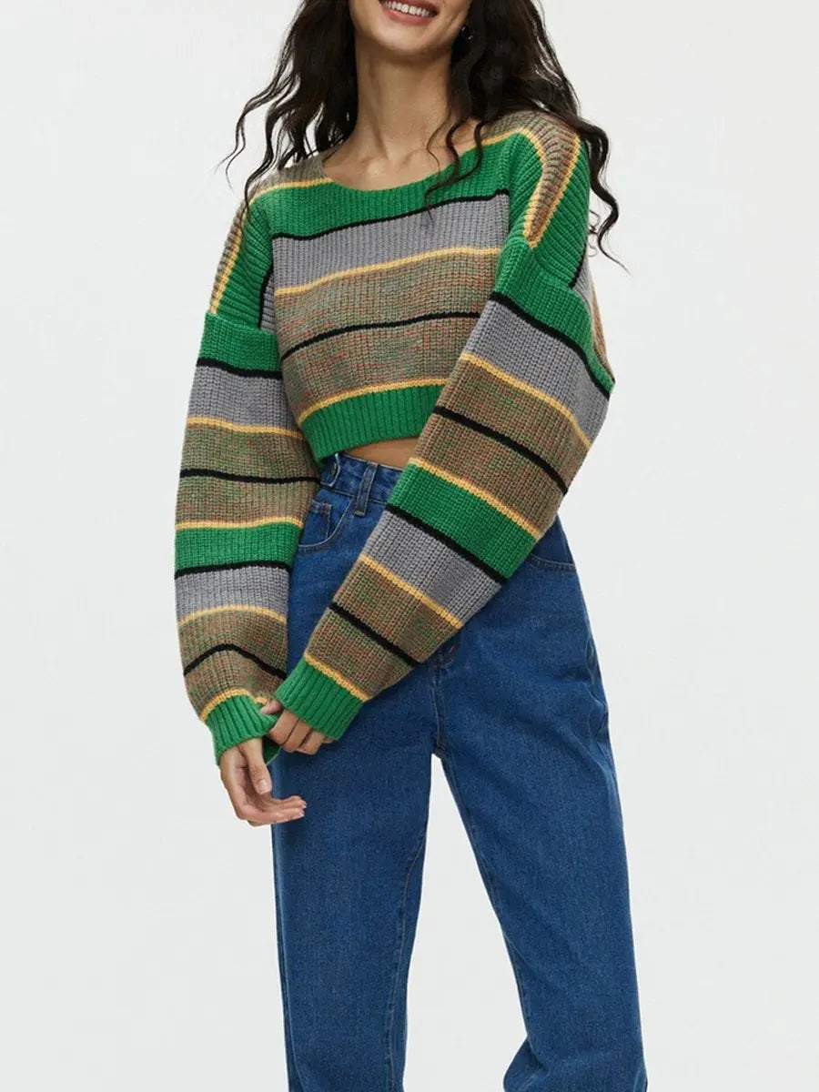 Round Neck Long Sleeve Striped Sweaters