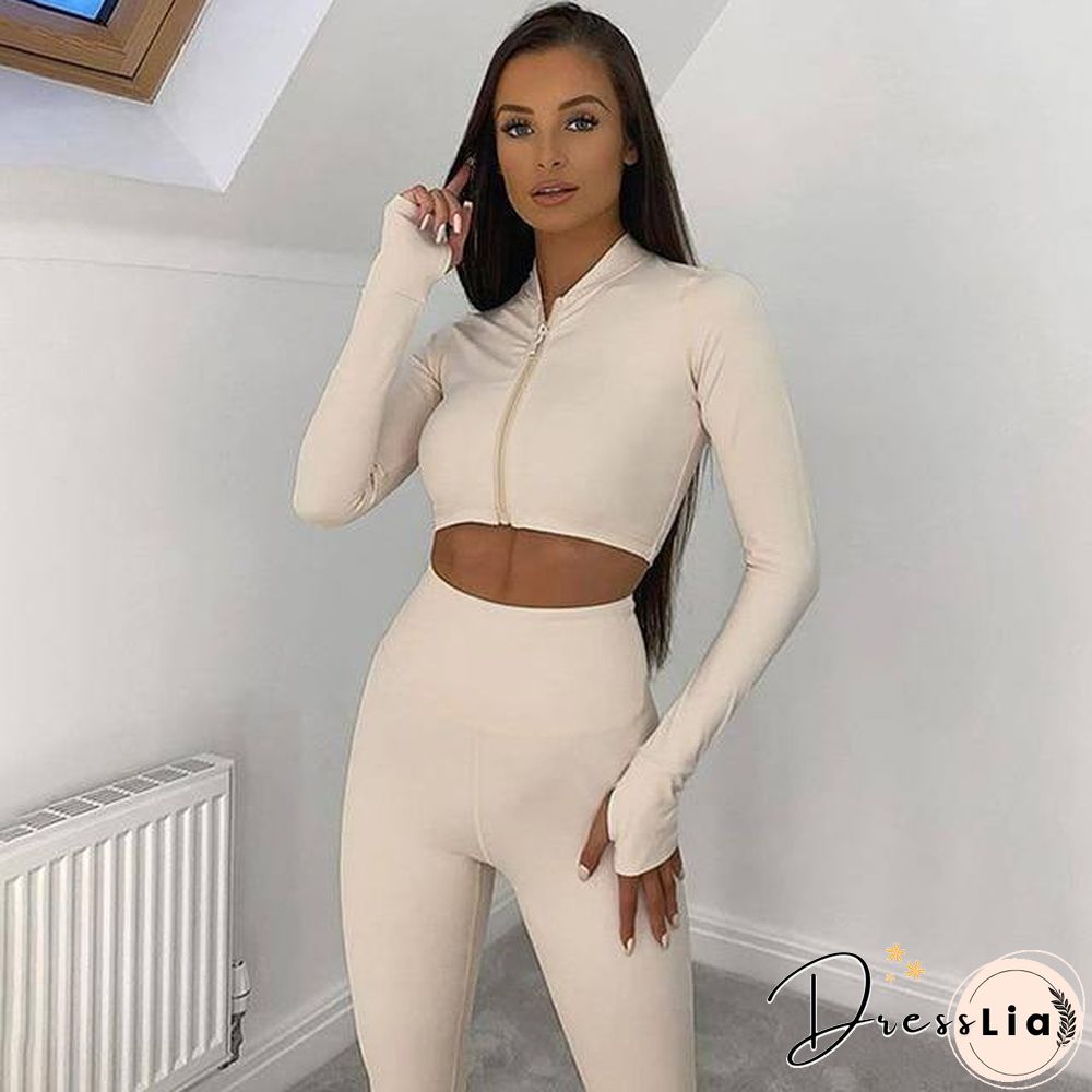 Winter Women 2 Two Piece Set Long Sleeve Crop Tops Tshirt Leggings Pants Set Bodycon Sport Fitness Tracksuit