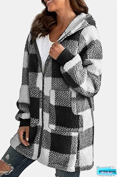 Double Take Full Size Plaid Long Sleeve Hooded Coat